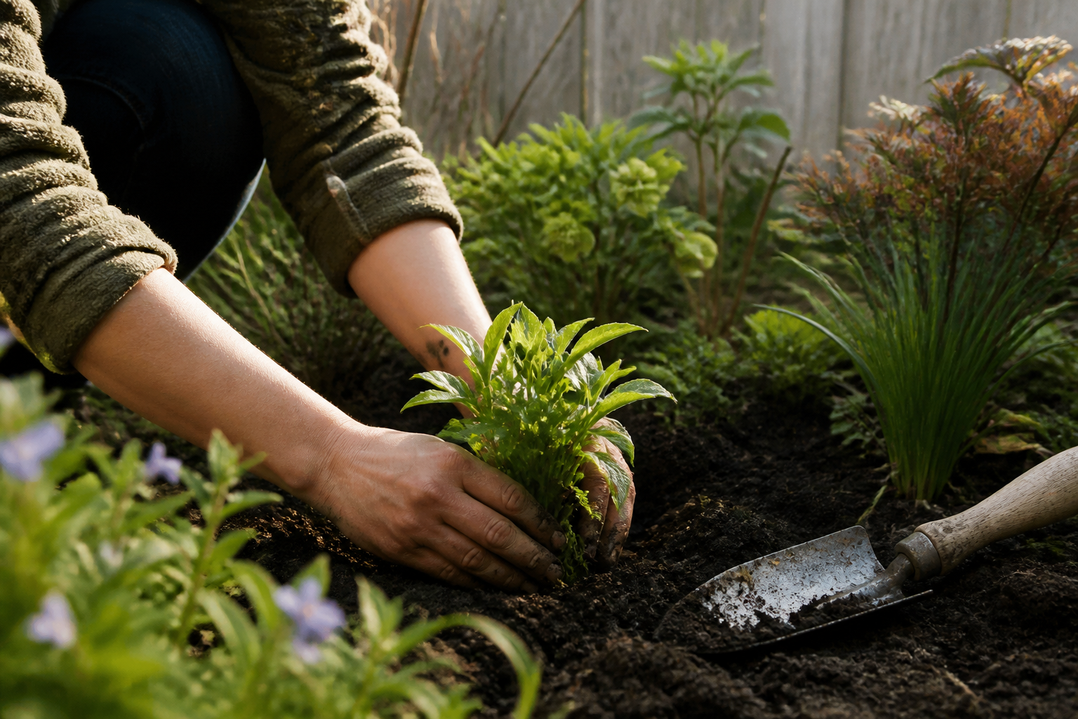 Hands setting a young plant into a prepared garden bed beside a watering can