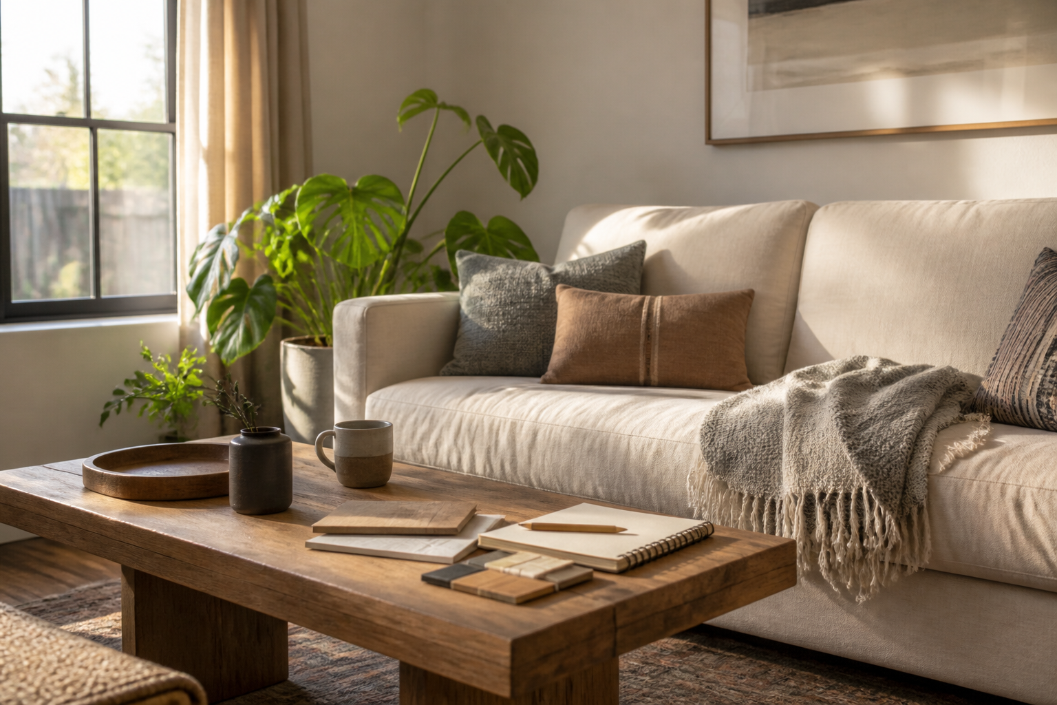 Warm, lived-in living room with a practical layout