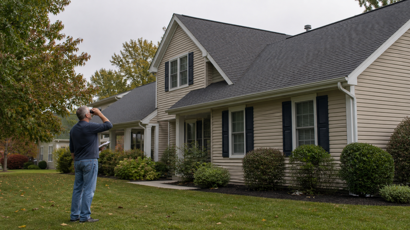Homeowner inspecting a roof safely from the yard
