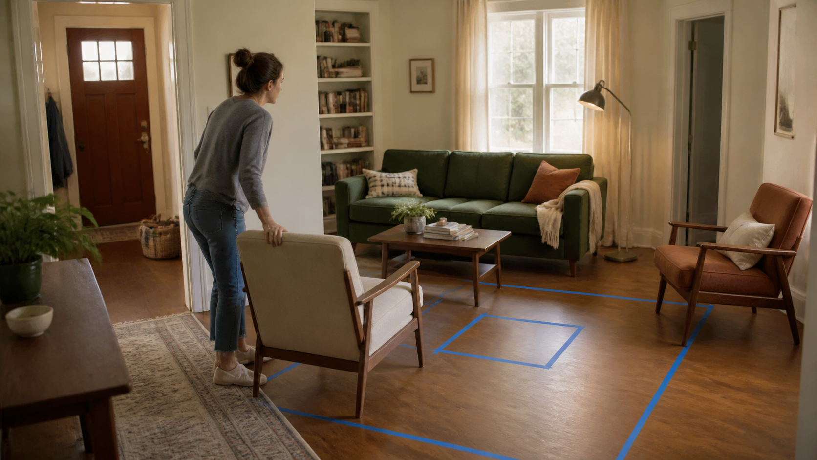 A homeowner testing a chair position inside a painter's-tape outline in a small living room