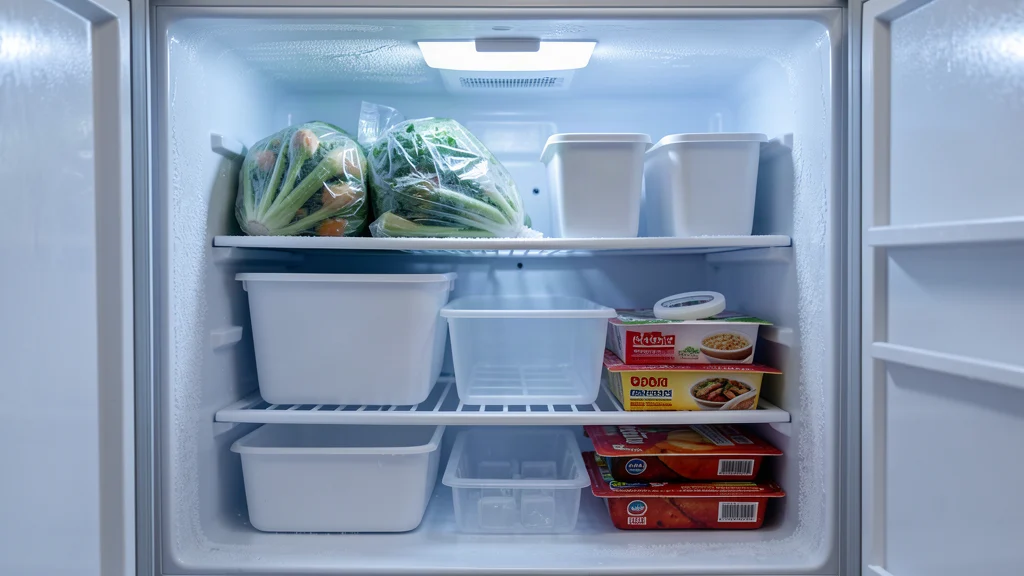 Open upright freezer organized with frozen vegetables, sealed containers, stacked packages, an ice tray, and an appliance thermometer