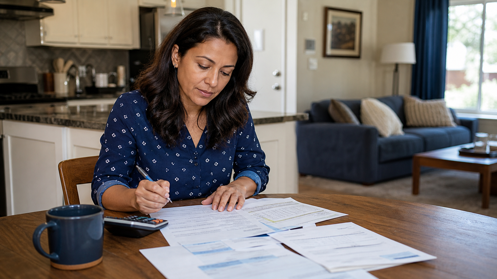 A homeowner reviewing household bills and a home-cost worksheet at the kitchen table